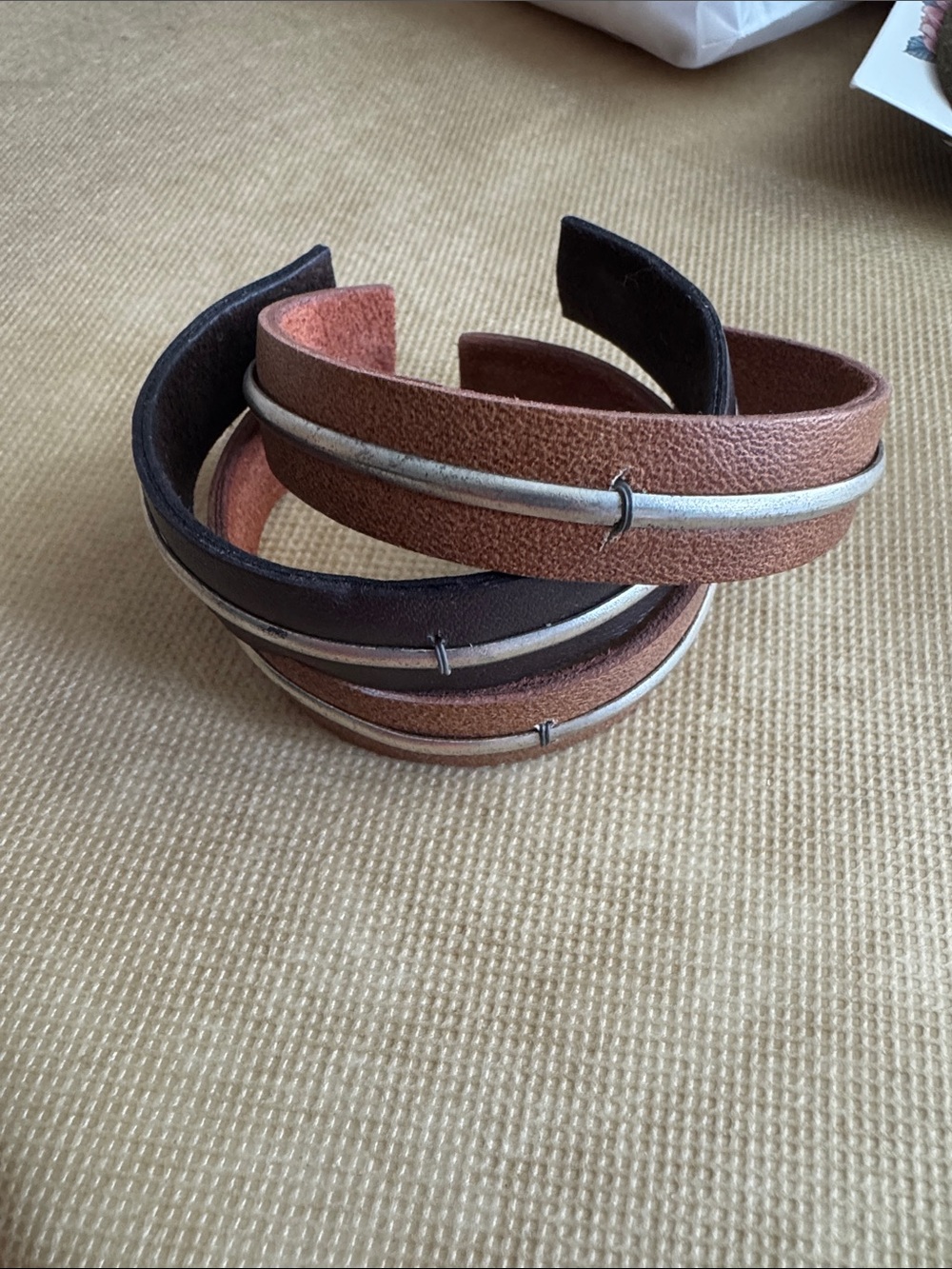 Set of 3 Leather Look Adjustable Cuff Bracelets Silver Tone Boho Minimalist